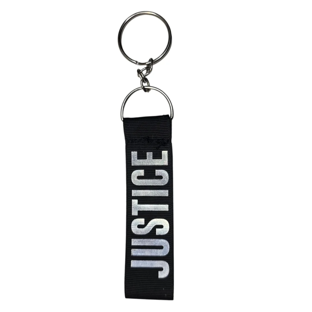 Justice Keychain Bag Charm Black & Silver Fabric Wrist Strap Unisex Accessories